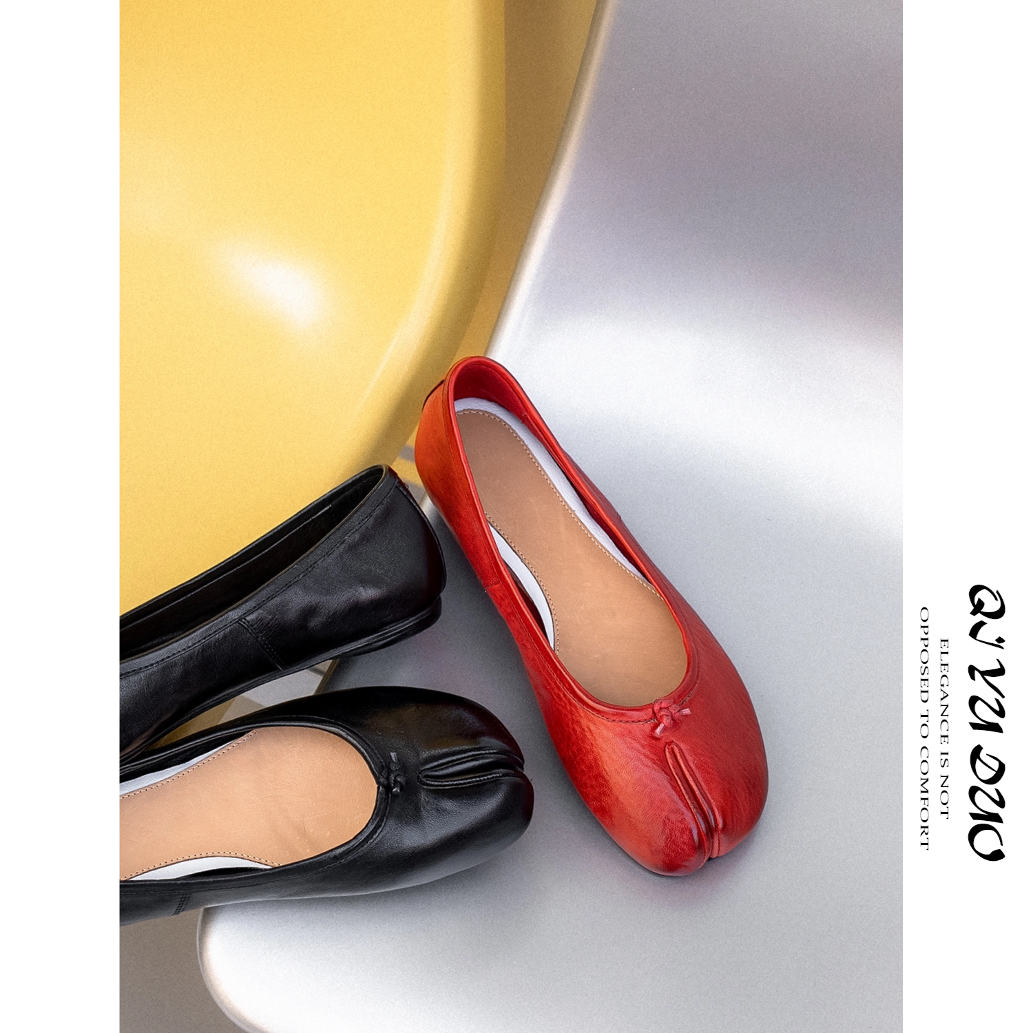 QIYUDUO 猪蹄分趾鞋女手工真皮底芭蕾舞鞋复古水洗马皮平底单鞋