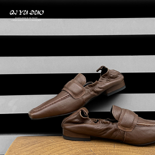 七与多 英伦风平底乐福单鞋 牛皮 方头褶皱一脚蹬懒人鞋 女 2cm