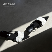 夏季 外穿踩屎感凉拖女 6cm 小香风花朵尖头高跟鞋 七与多 牛皮