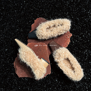 【七与多】牛皮/3.5cm小众粗跟毛毛鞋女外穿小方头单鞋加绒乐福鞋