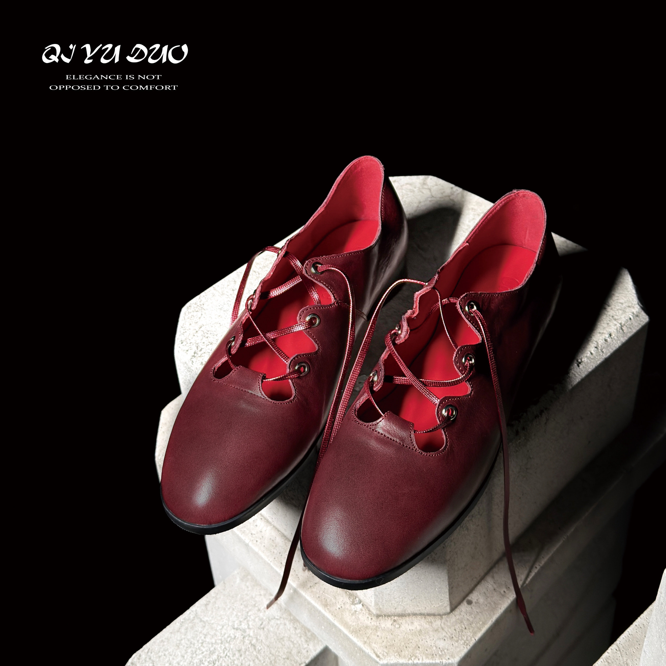 【七与多】牛皮/2cm小众交叉系带小皮鞋女圆头镂空芭蕾舞浅口单鞋