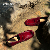 七与多 褶皱乐福鞋 牛皮 1cm 红色单鞋 平底女鞋 2025方头穆勒鞋