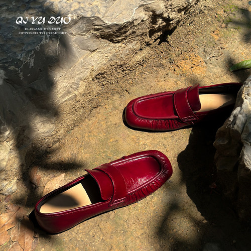 红色单鞋褶皱乐福鞋平底方头穆勒