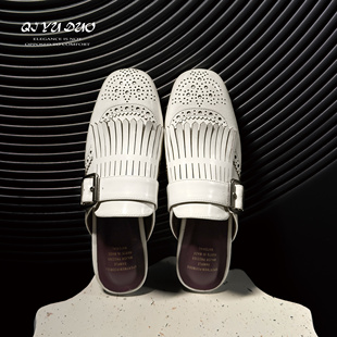 【七与多】牛皮/流苏皮带扣雕花穆勒平底鞋真皮包头半拖鞋女外穿