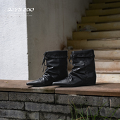 QIYUDUO 内增高尖头中筒堆堆游牧靴2025秋冬新款 可折叠两穿短靴