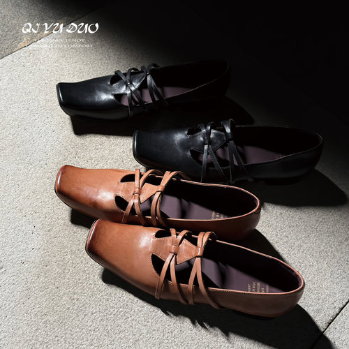 【七与多】牛皮/1.5cm小众款时髦猪鼻子单鞋女平底翘头中古玛丽珍