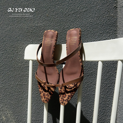 【七与多】牛皮/4cm豹纹小方头露趾凉拖鞋女夏外穿小猫跟夹趾凉鞋