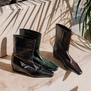 QIYUDUO 靴女内增高方头短靴软皮中筒瘦瘦靴 重工马皮褶皱套筒时装