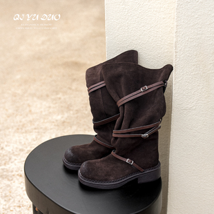 QIYUDUO 扣环缠绕骑士靴女真皮粗跟宽筒高筒靴厚底圆头显瘦长靴子