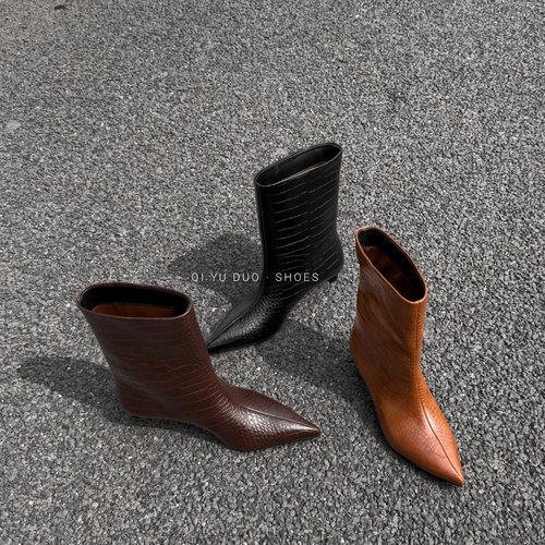 【七与多】法式优雅老钱风尖头小猫跟鳄鱼纹大筒围短靴早秋单靴女