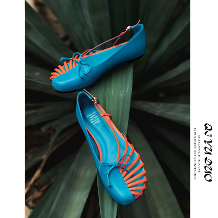 QIYUDUO 法式撞色镂空软底罗马凉鞋女夏新款芭蕾风蝴蝶结平底单鞋