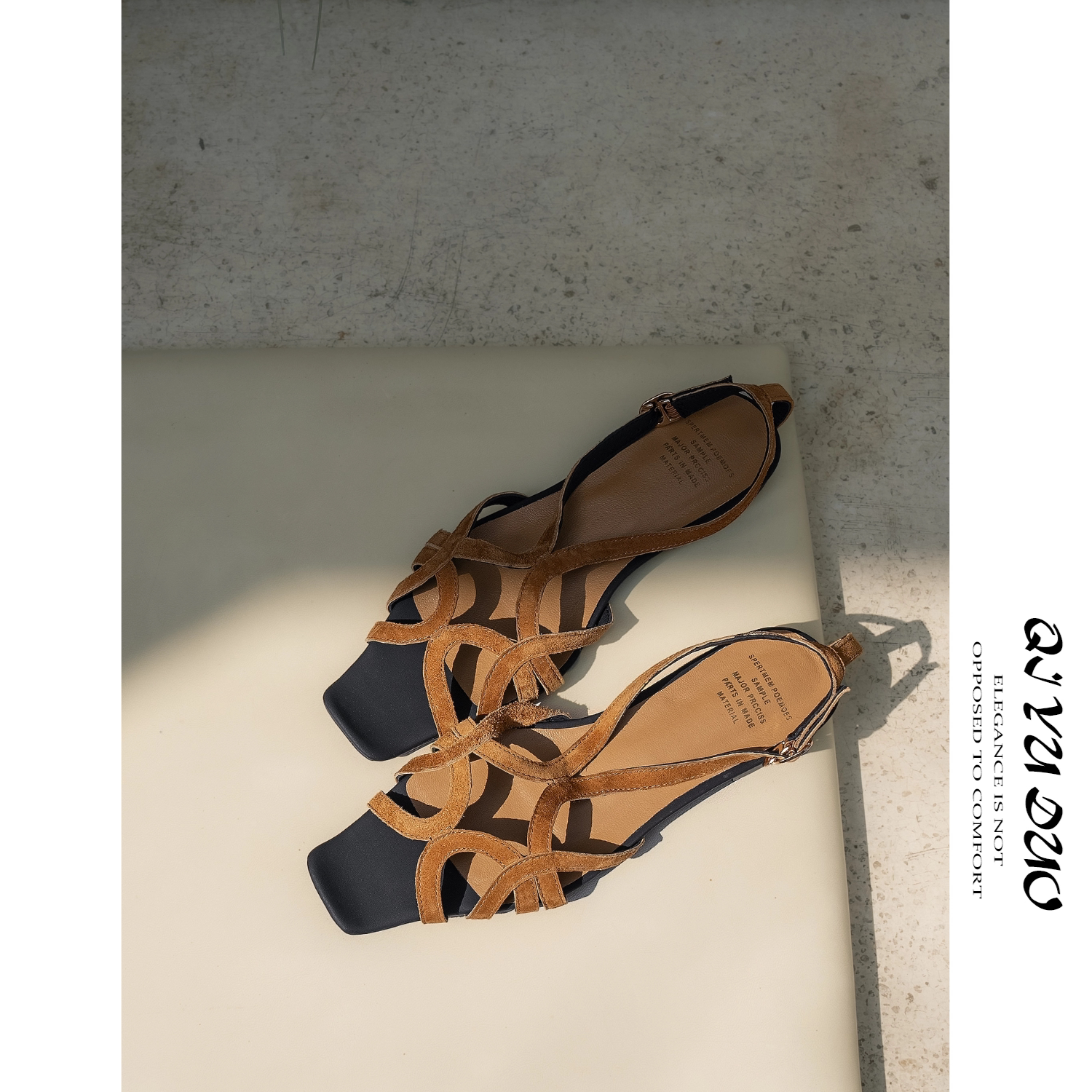 QIYUDUO 设计师款方头露趾凉鞋女2026夏季新款度假平底编织罗马鞋