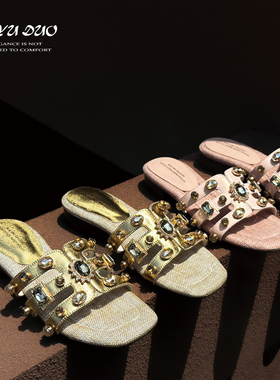 【七与多】羊皮/3cm/仙女风粗跟一字拖2025新款夏季外穿水钻凉拖