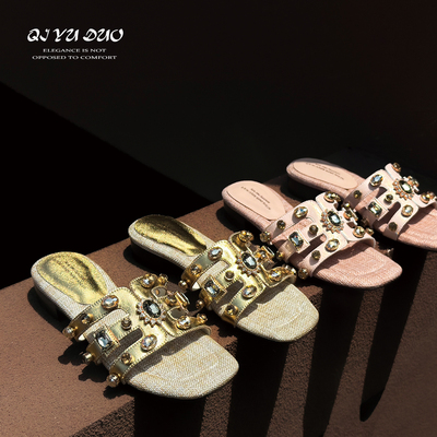 仙女风粗跟一字拖女外穿水钻凉拖