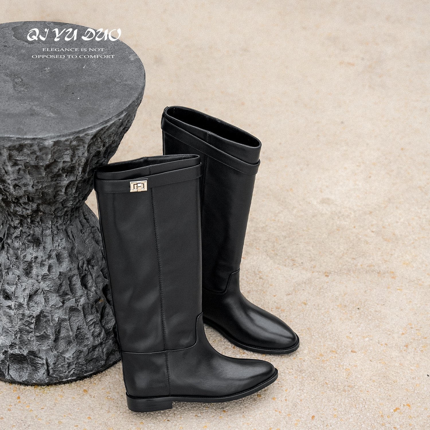 显瘦长筒靴女低跟宽筒骑士靴加绒