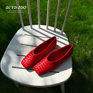 七与多 方头平底编织单鞋 牛皮 25新款 女真皮一脚蹬奶奶鞋 1cm