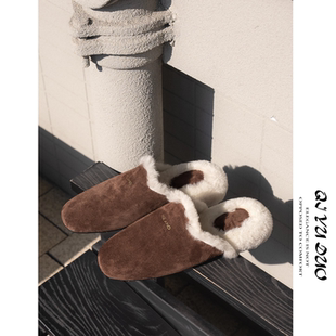 QIYUDUO 秋冬包头羊毛穆勒半拖25新款复古真皮平底毛毛拖鞋女外穿