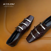 平底单鞋 女重工方头金属扣踩跟小皮鞋 2cm 秋新款 七与多 牛皮