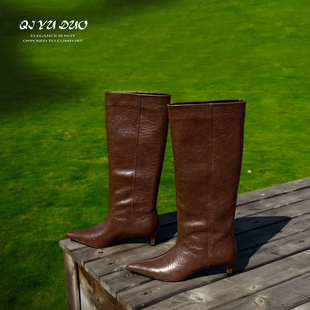 真皮宽筒不过膝长靴女显瘦尖头长筒骑士靴 七与多 牛皮 5cm