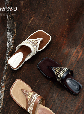 【七与多】牛皮/3cm/波西米亚镂空夹趾方头凉拖鞋女夏外穿人字拖