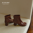 QIYUDUO | 法式复古高跟短靴2025简约圆头粗跟踝靴真皮后拉链女靴