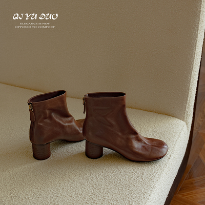 高跟短靴圆头粗跟踝靴真皮女靴子