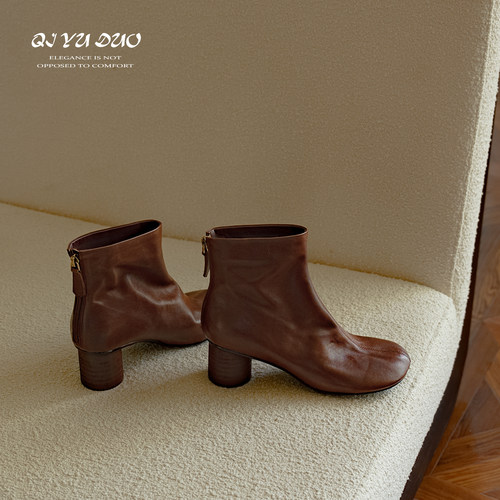 高跟短靴圆头粗跟踝靴真皮女靴子