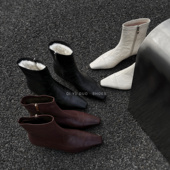 瘦瘦靴女小猫跟及踝短靴羊毛靴 4cm小方头真皮法式 七与多 羊皮