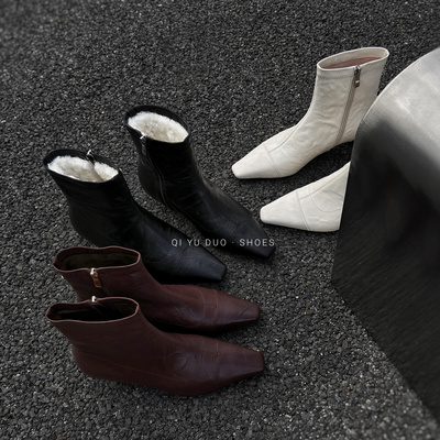 【七与多】羊皮/4cm小方头真皮法式瘦瘦靴女小猫跟及踝短靴羊毛靴