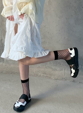 AY To films 网袜短袜黑色渔网中筒袜暗黑风夏季超薄小腿袜白色袜