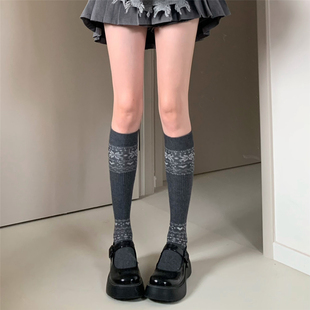 AYTofilms 复古堆堆袜女秋冬保暖中筒袜费尔岛雪花柔软灰色小腿袜