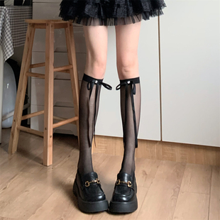 films丝带立体带钻蝴蝶结黑色显瘦小腿袜韩ins春夏中筒丝袜