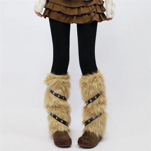 AYTofilms 保暖袜套冬仿皮草毛毛腿套 亚文化y2k辣妹皮质铆钉个性
