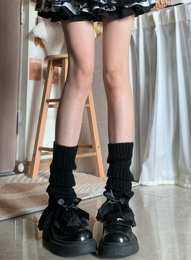 AY Tofilms洛丽塔少女保暖针织袜套秋冬蕾丝花边大蝴蝶结黑色腿套