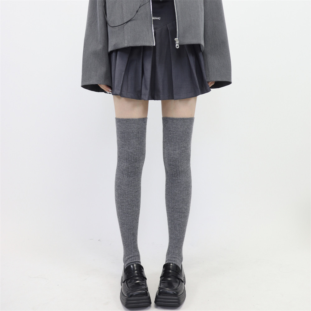 ay tofilms秋冬羊毛大腿袜加厚保暖灰色高筒袜微压竖条显瘦过膝袜