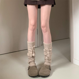 AYTofilms 可爱毛球柔软保暖小腿套秋冬奶茶色麻花洛丽塔堆堆袜套