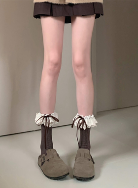 AYTofilms 美拉德咖色棉中筒袜复古棕色双层刺绣花边蝴蝶结堆堆袜