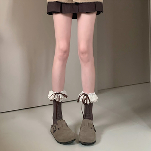 AYTofilms 美拉德咖色棉中筒袜复古棕色双层刺绣花边蝴蝶结堆堆袜