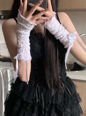 AY Tofilms白色蕾丝袖套洛丽塔少女飘带蝴蝶结木耳边露指手袖手套