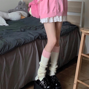 秋冬甜妹日系JK少女白拼粉针织袜套袜冬保暖纽扣腿套 films