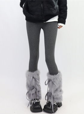 AYTofilms 灰色格雷系秋冬加厚保暖绑带蝴蝶结毛毛腿套仿皮草袜套