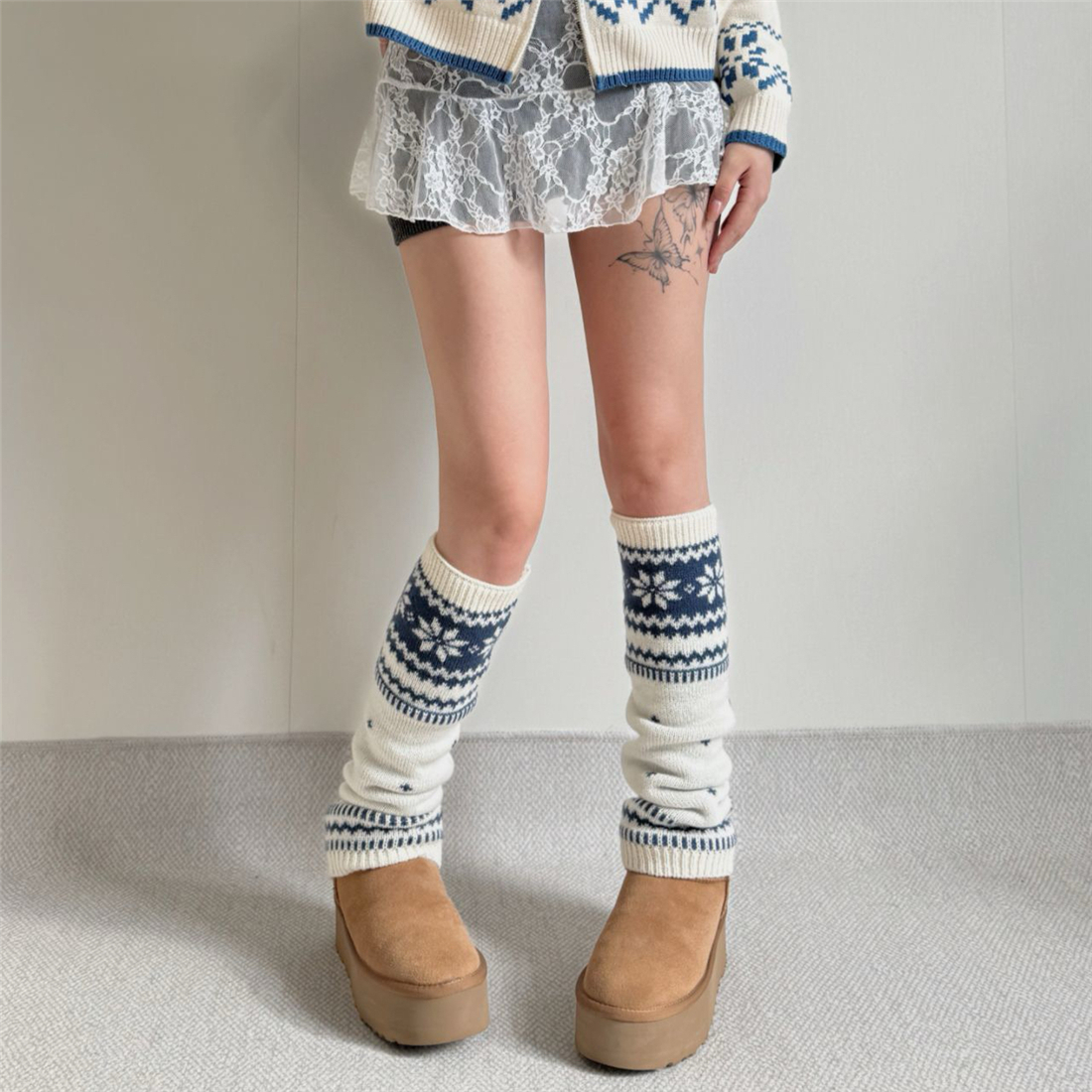 保暖女针织雪花点点堆堆袜套