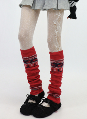 AYTofilms 复古针织绵羊毛袜套费尔岛腿套红色圣诞小鹿小腿堆堆袜