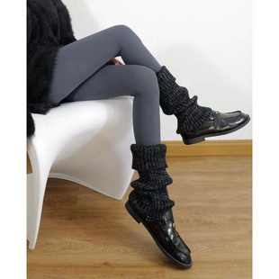 Tofilms秋冬金银丝翻边针织毛线腿套珠光细闪黑色慵懒堆堆袜套