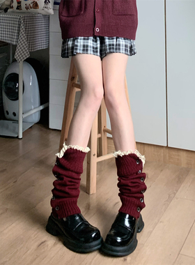 AY To films 新年圣诞红针织袜套甜辣妹纽扣花边JK腿套Y2K堆堆袜
