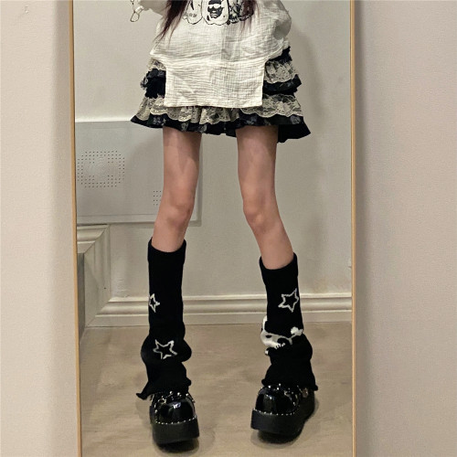 保暖女针织正反两穿星星骷髅腿套