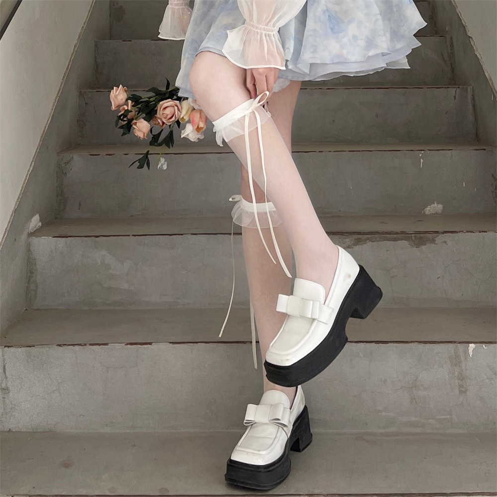AY To films 纯欲芭蕾少女花边奶白小腿袜春夏超薄飘带蝴蝶结袜子