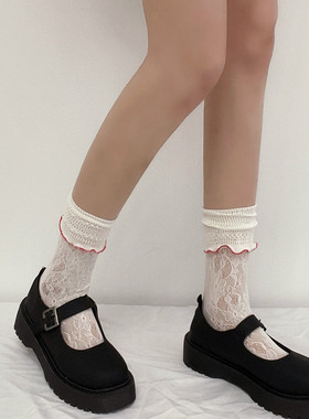 AY To films 夏超薄棉蕾丝镂空小腿袜白色提花洛丽塔短袜JK堆堆袜