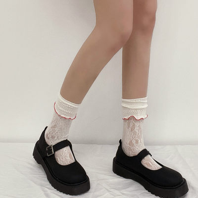 超薄蕾丝镂空短袜白色小腿袜
