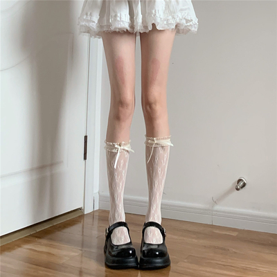 超薄女蕾丝欧根纱小花朵堆堆袜